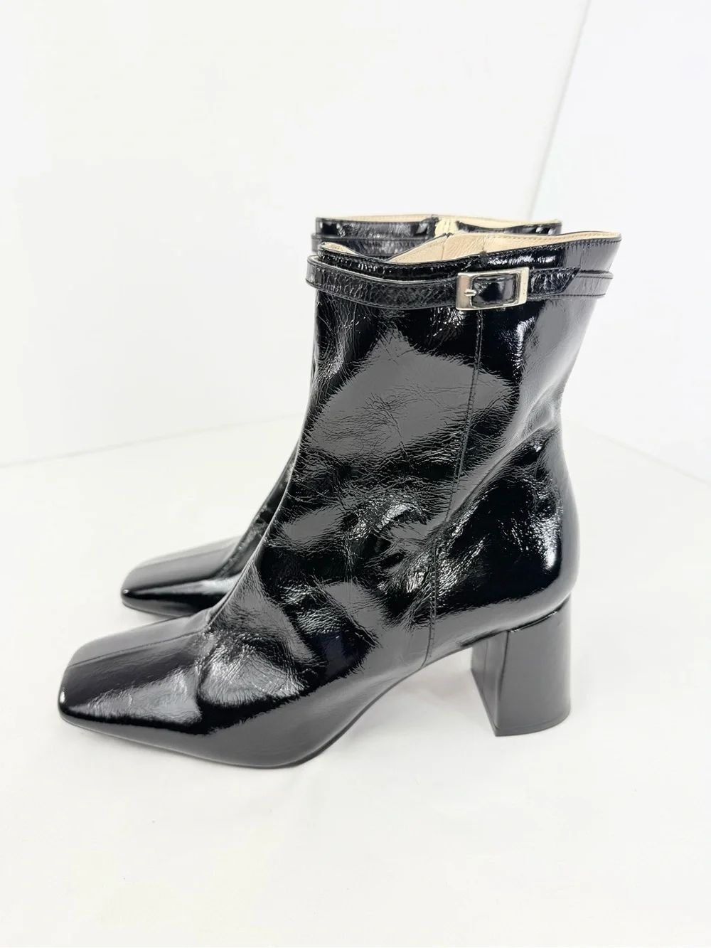 Ana Palma Glossy Black Leather Square Toe
Buckle Strap Zip Side Heeled Low Boots
